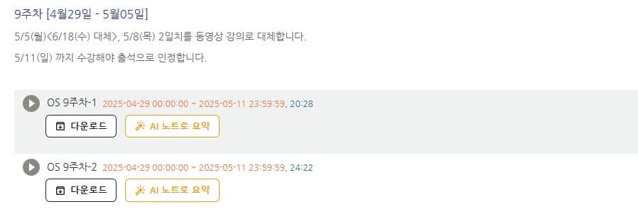 강의 홈 화면의 주차별 동영상 목록. 각 영상 아래에 다운로드 버튼과 AI 노트로 요약 버튼이 나란히 있다