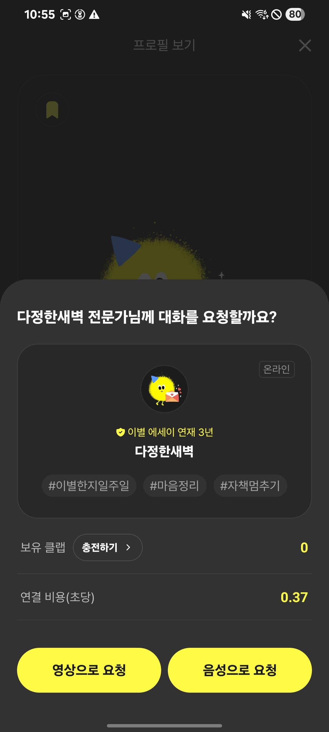 대화 요청 시트. 보유 클랩과 초당 연결 비용을 보여주고 영상이나 음성 중 하나를 고르게 한다