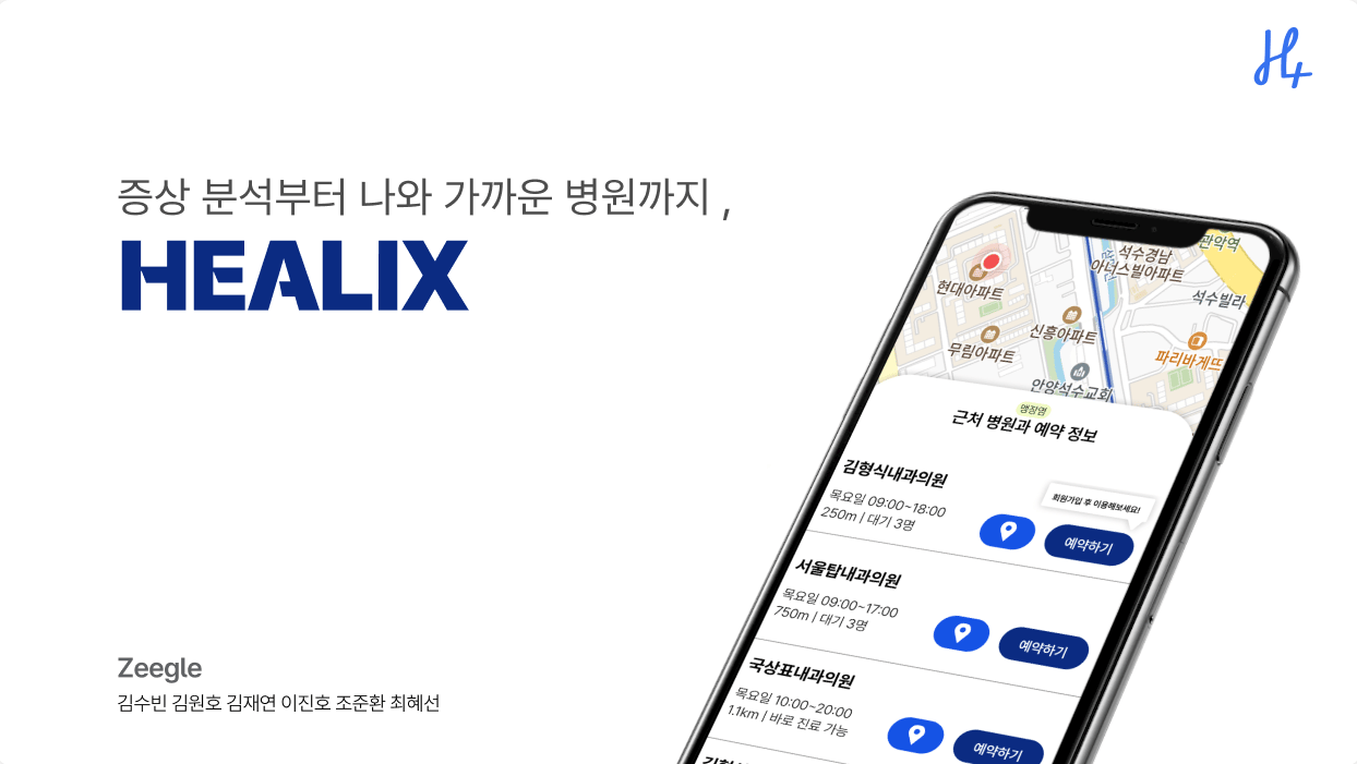 HEALIX 발표자료 표지. "증상 분석부터 나와 가까운 병원까지" 문구 옆으로 근처 병원과 예약 정보를 띄운 휴대폰이 놓여 있다